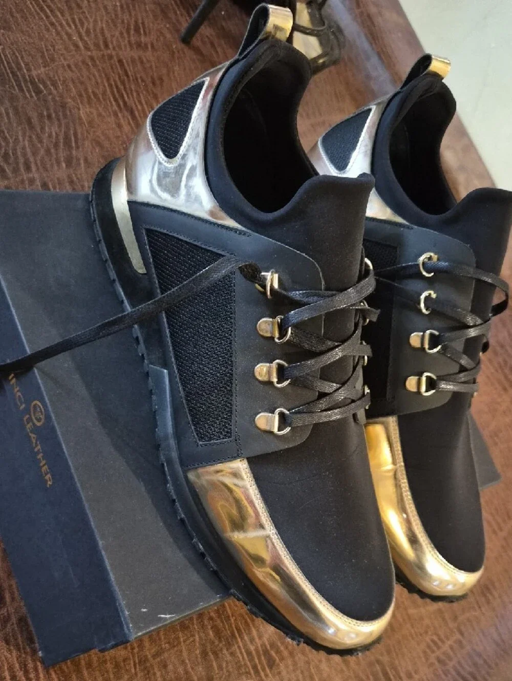 Vinci Leather Men's Black Sneakers with Metallic Gold Details
